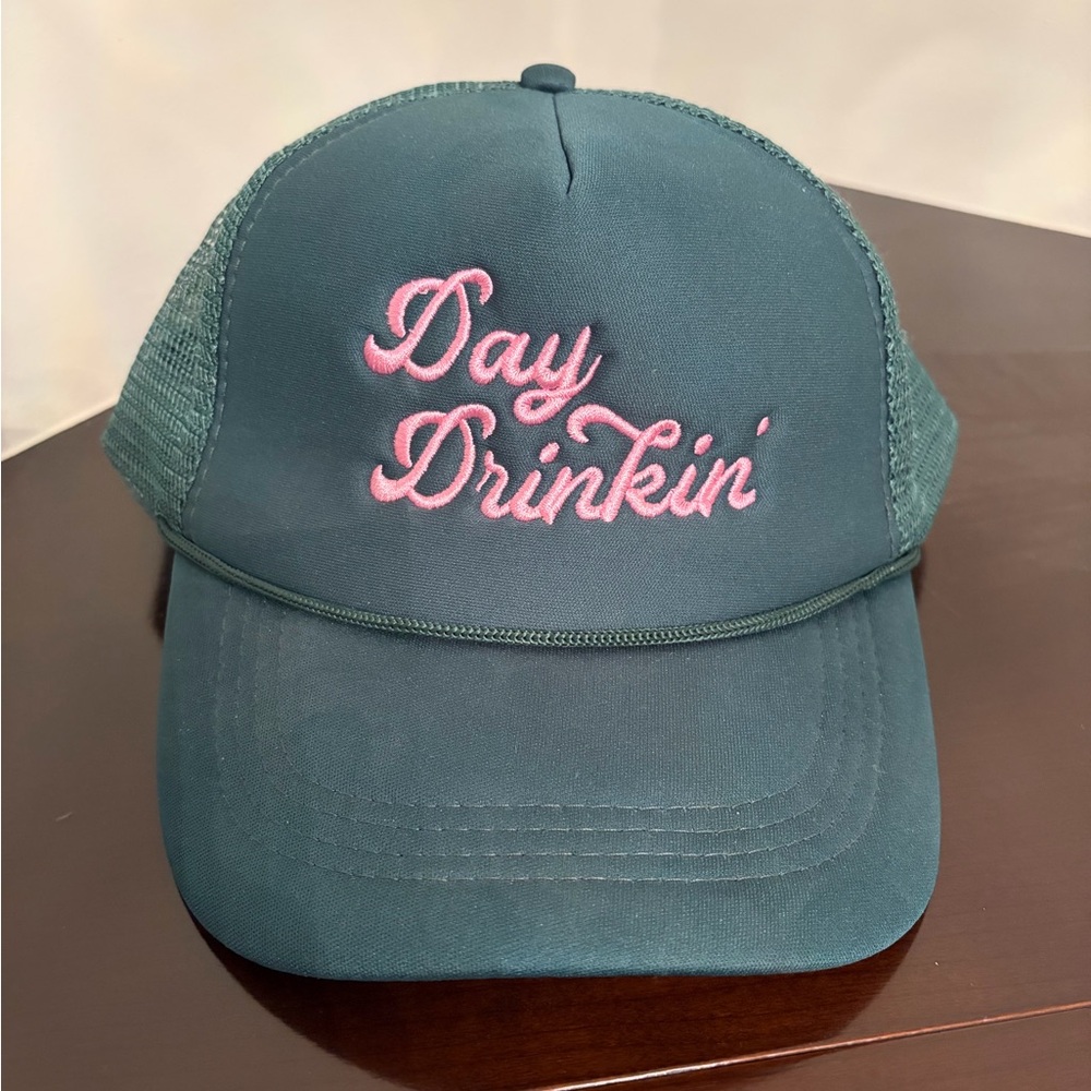 Green Trucker Hat with Pink "Day Drinkin’” Embroidery